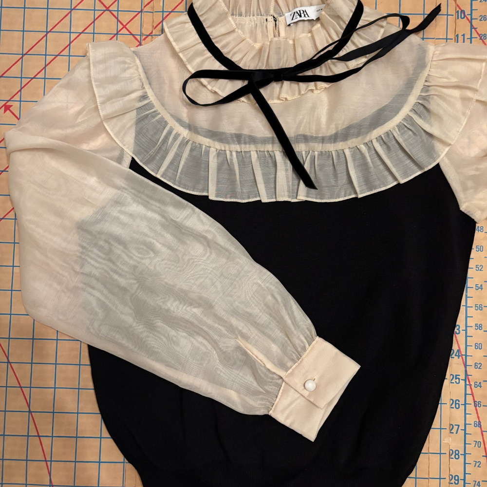ZARA Ivory Sheer Sleeve Ruffle Collar Blouse Black Victorian Romantic Top Size M - Picture 5 of 7